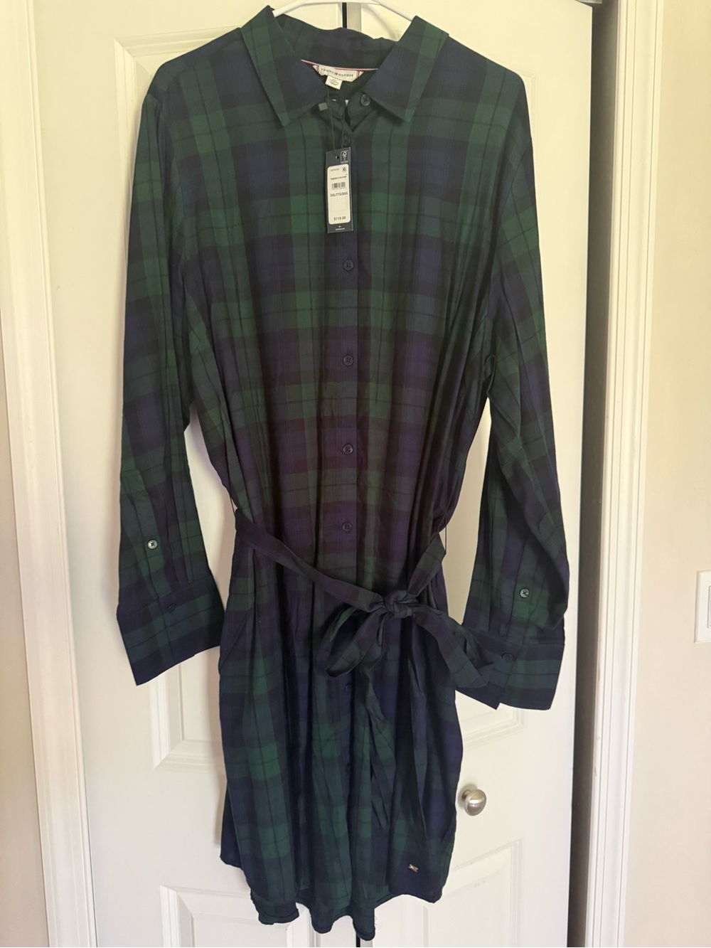 Tommy Hilfiger Navy and Green Plaid Button-Up Shirt Dress